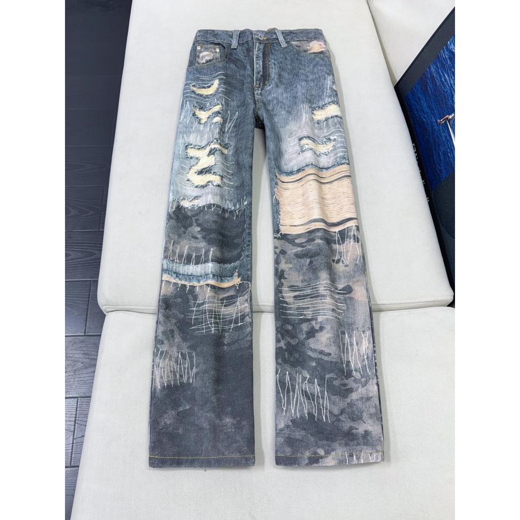 D-printed Fake Ripped Jeans American Splicing Camouflage Micro-pull Pants Men's Trendy Brand High-end Design Straight-leg Pants