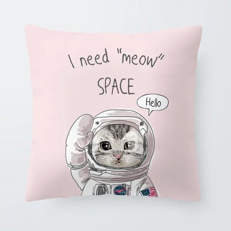 Astronaut Cat Planet Text Pillowcase Decoration Living Room Bedroom Sofa Pillowcase Creative Fun Cartoon Cushion Cover