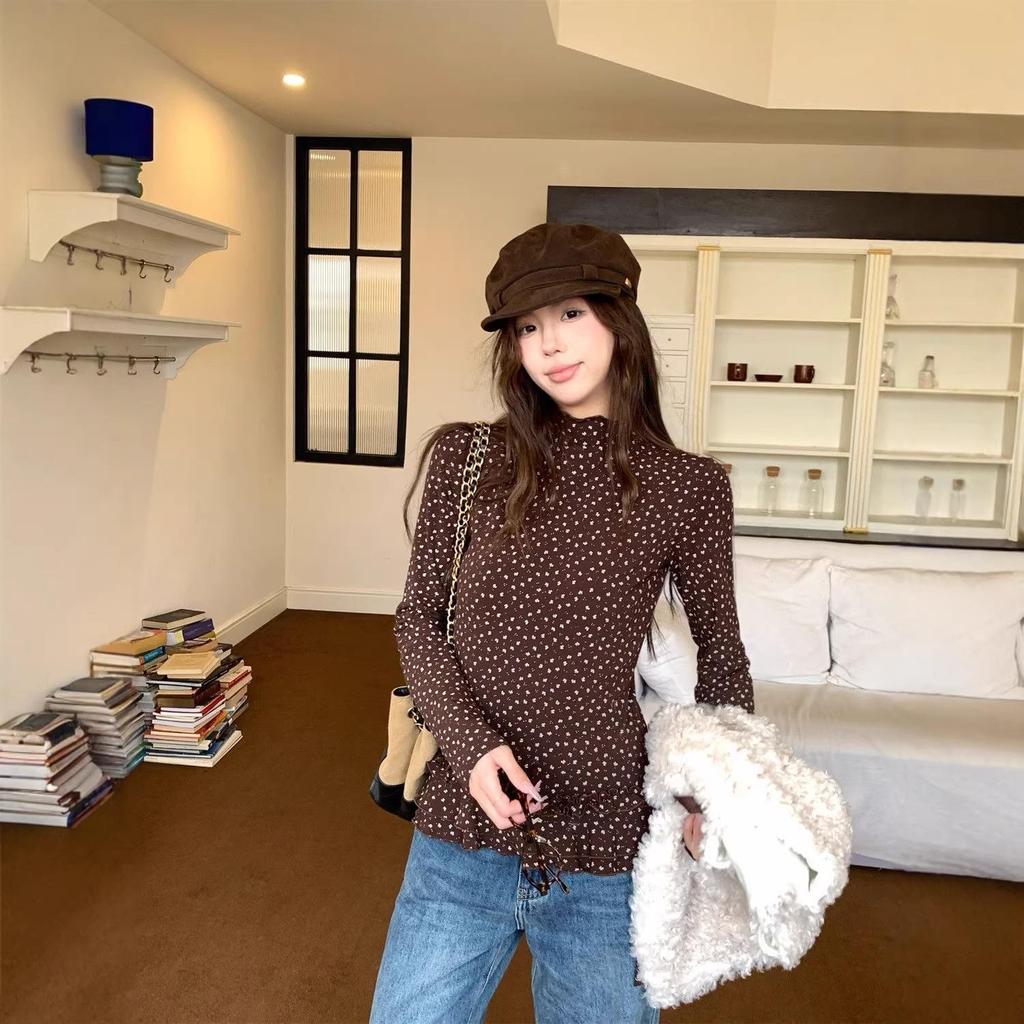 Women's American Style Ruffle Floral Turtleneck Long-Sleeve Slim-Fit Warm Top for Autumn/Winter Layering