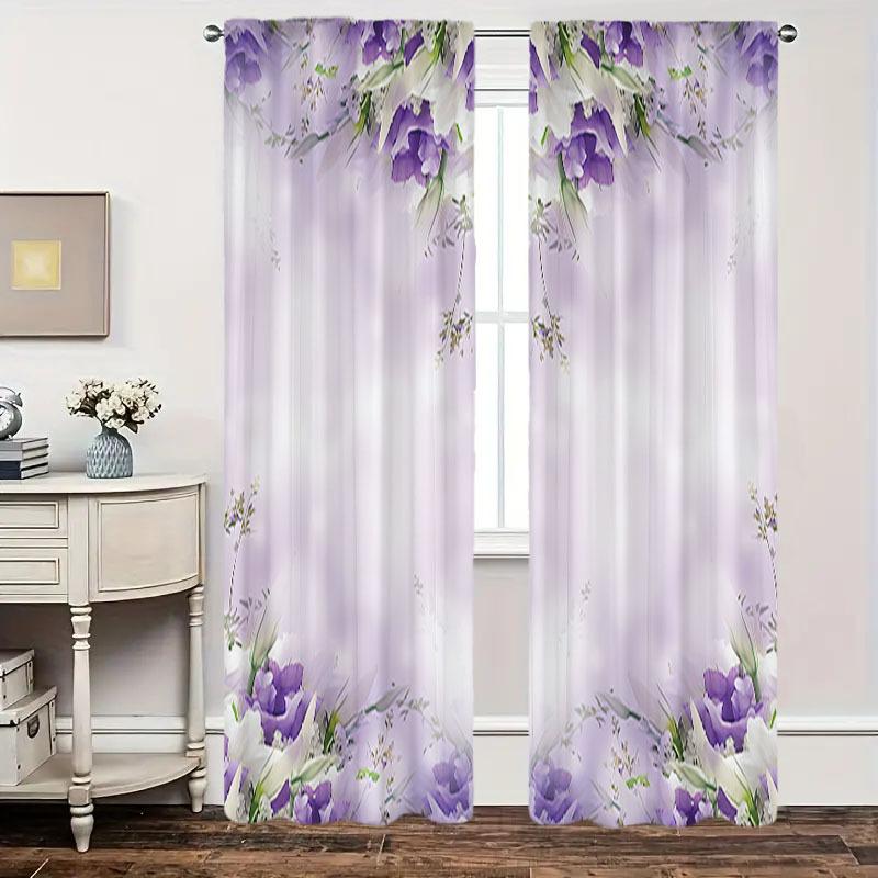 2 Pcs Elegant Purple & White Ombre Floral Curtains – Modern Rod Pocket Design for Living Room & Kitchen Decor