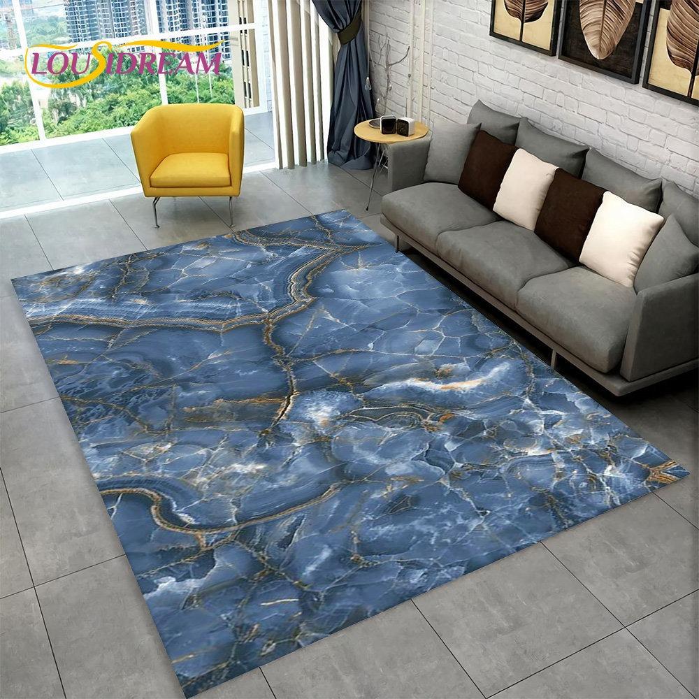 Nordic Blue Golden Colour Marble Geometric Area Rug Carpet Rug for Living Room Bedroom Sofa Doormat Decor Non-slip Floor Mat