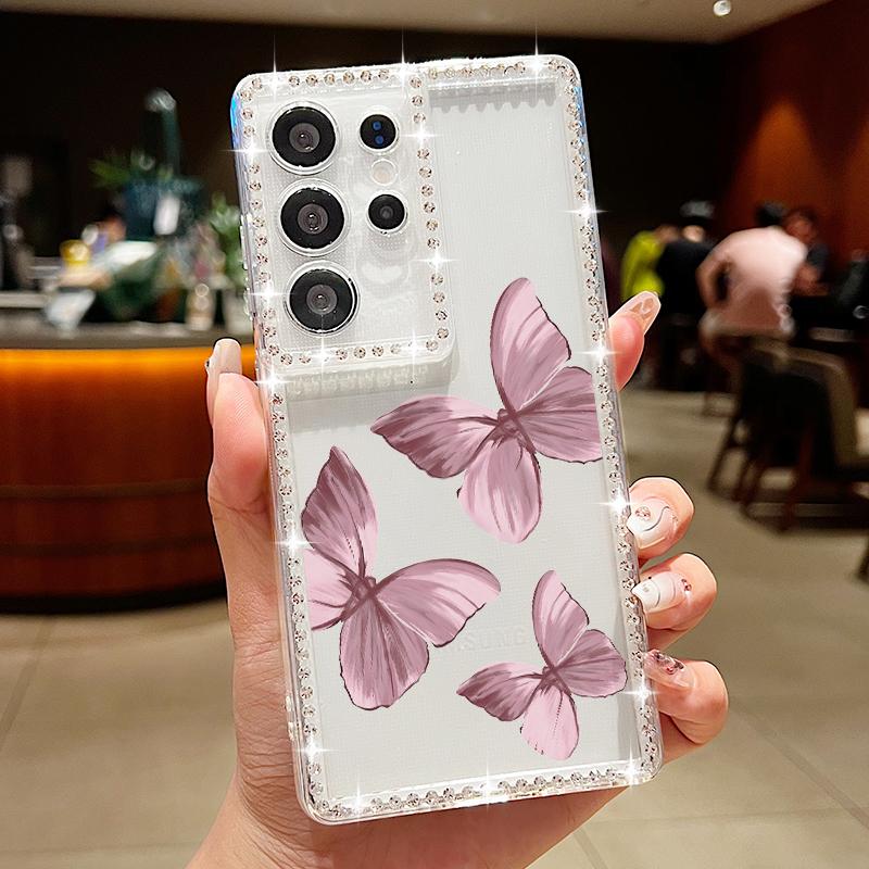 Butterfly Pattern Clear Phone Case For Samsung S25 Ultra S24 FE S23 S22 A56 A36 A16 A15 A55 A35 Diamond Frame Shockproof Soft Silicone Cover