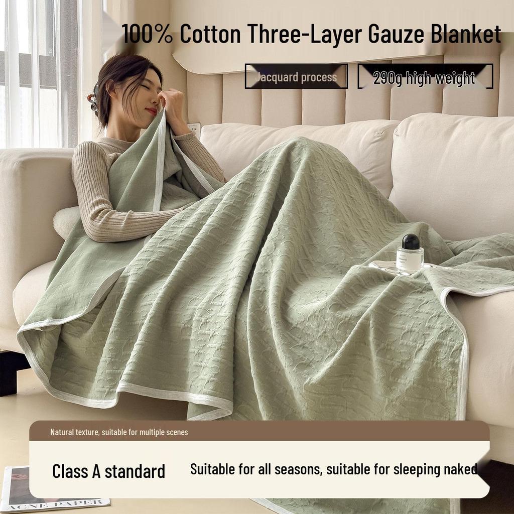 Class A Pure Cotton Three-Layer Gauze Blanket: Summer Cool, All-Season Jacquard Nap & Air Conditioning Quilt