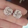 Three Dimensional Full Pave Rose Flower Stud Earrings Layered Floral Sparkly Ear Studs for Women Wedding Daily Jewelry