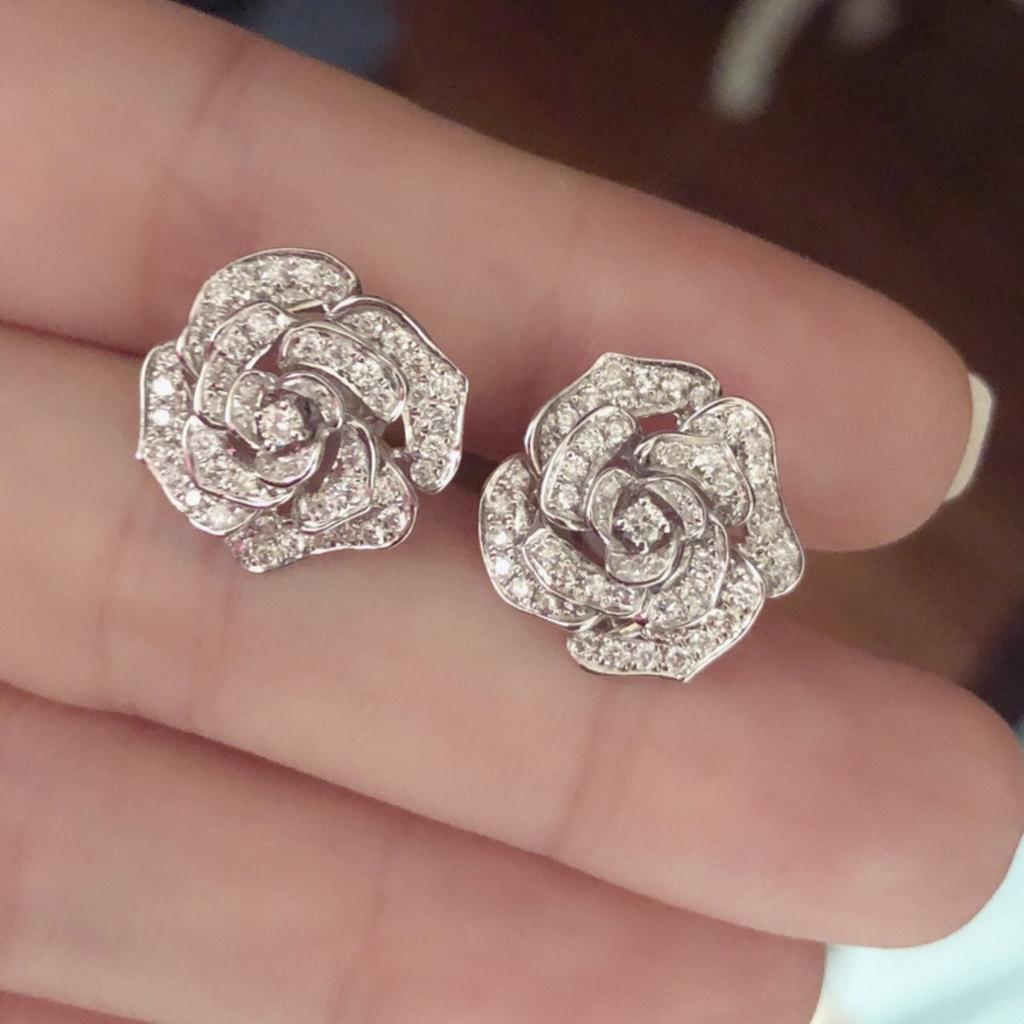 Three Dimensional Full Pave Rose Flower Stud Earrings Layered Floral Sparkly Ear Studs for Women Wedding Daily Jewelry