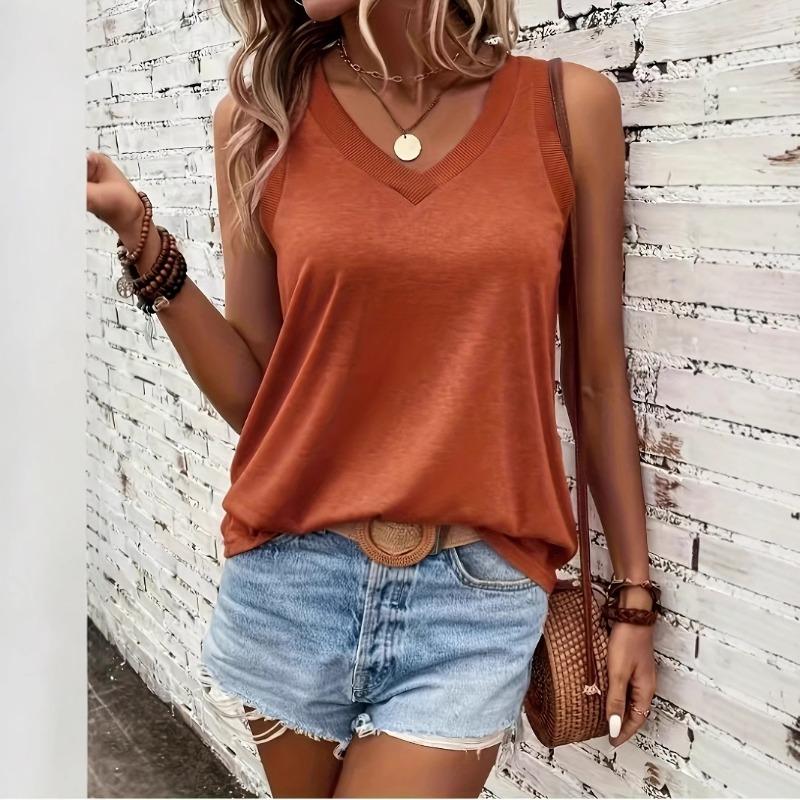 Women's V Neck Ribbed Trim Loose Sleeveless Tank Top