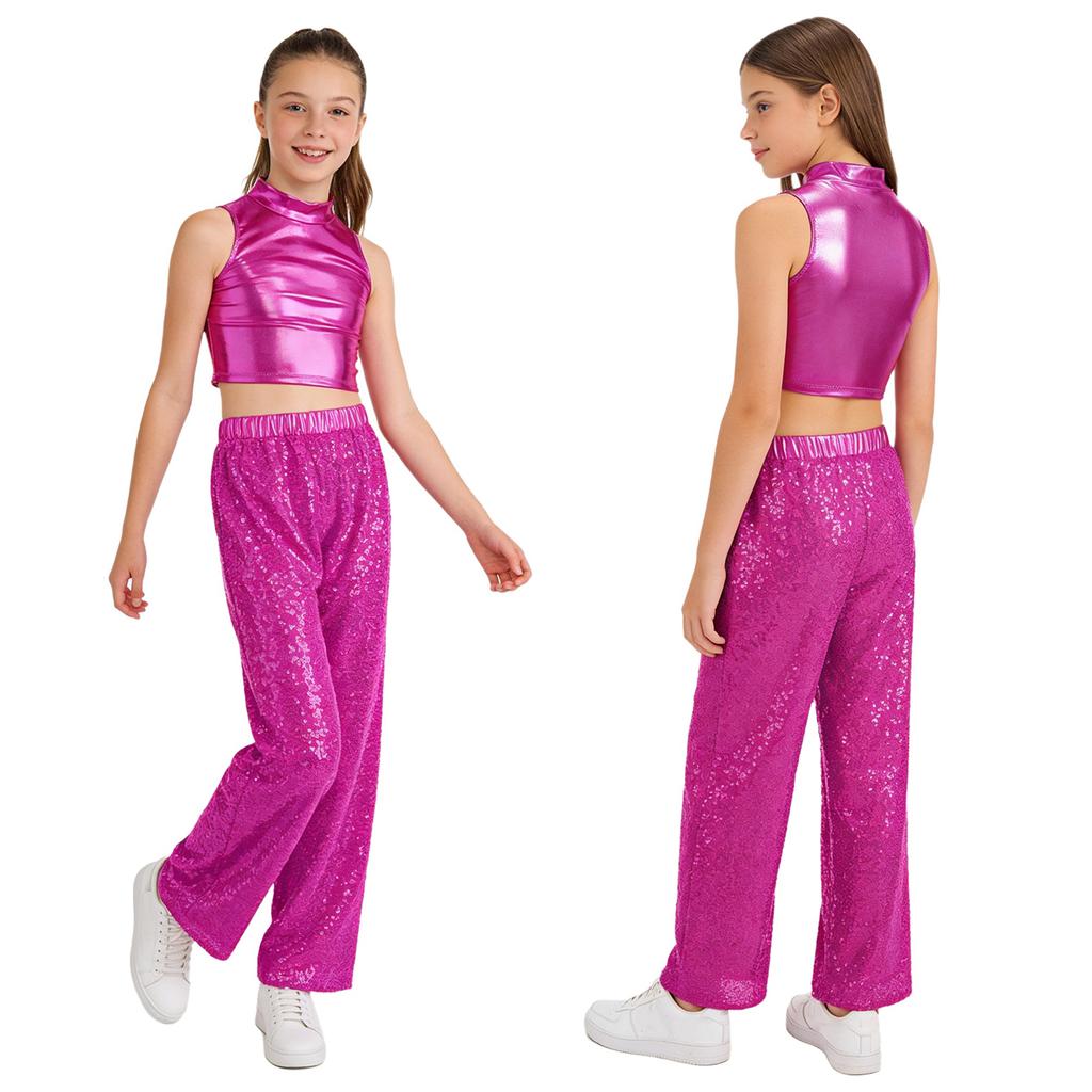 Kids Jazz Dance Costume Sleeveless Mock Neck Metallic Top and High Waist Sparkle Sequin Pants for Stage Competition