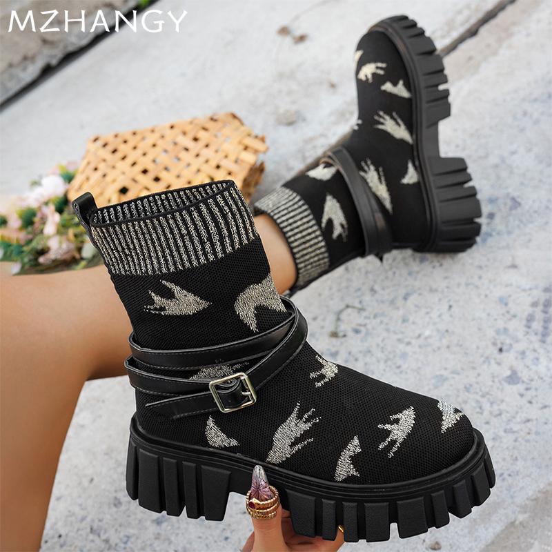 Fashion Platform Women Sock Ankle Boots Flats Knitting Stretch Shoes Buckle Woman 2025 Trend Fashion Snow Boots Goth New Muejr Botas