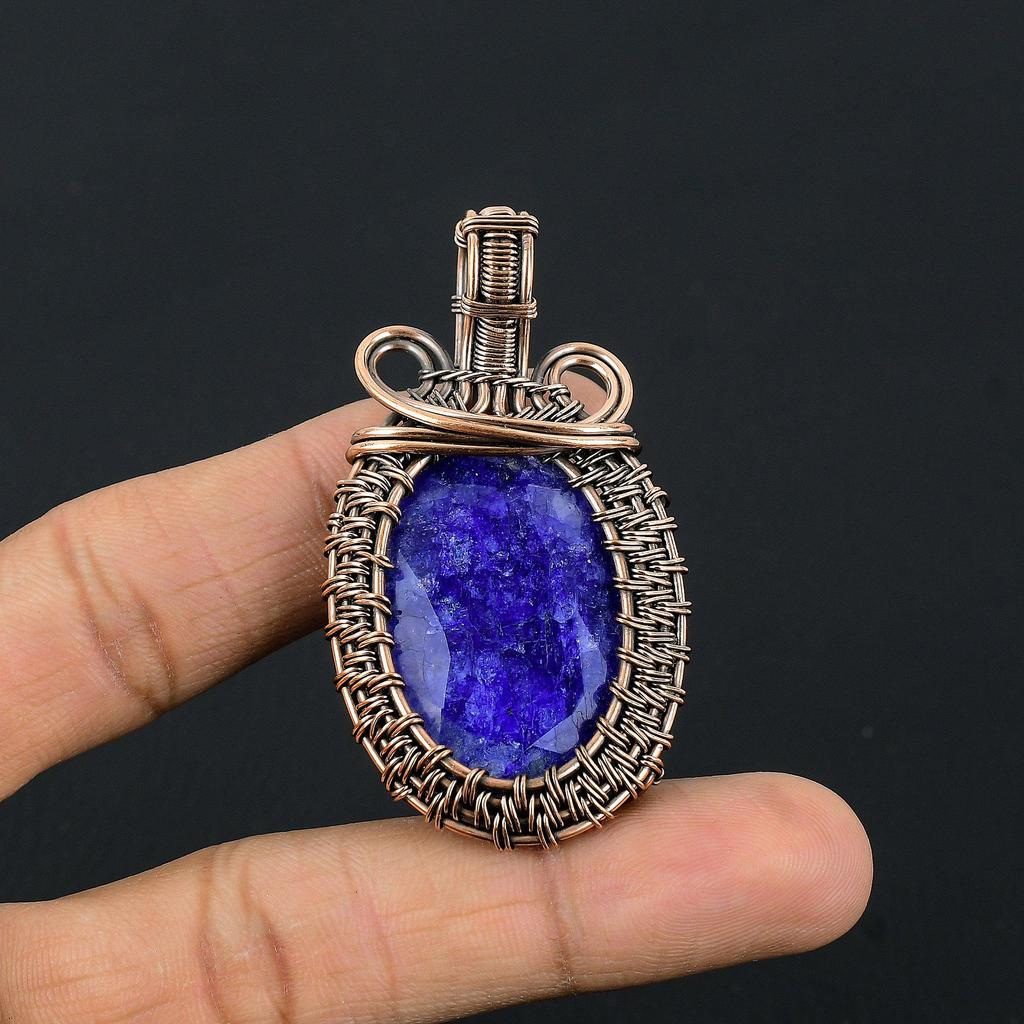 Blue Sapphire Pendant, Handmade Gemstone Pendant, 999 Copper Wire Wrapped Pendant Antique Jewelry, For Engagement Gift
