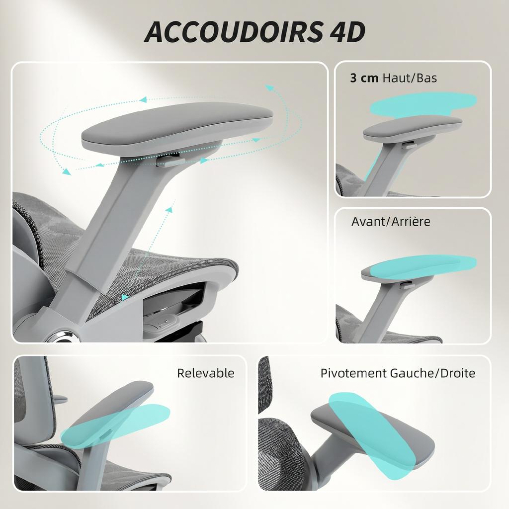 Office Chair, Ergonomic, 4D Armrests, Adjustable Headrest and Seat Depth, Grey Mesh