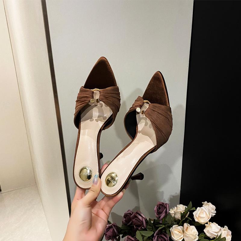 

Новые туфли с острым носком, крутые тапочки, летняя юбка, высококлассные плиссированные сетчатые сандалии на тонком каблуке для женщин 40 коричневый