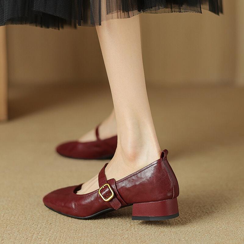 Fashion NEW Spring/Autumn Women Pumps Genuine Leather Shoes for Women Round Toe Chunky Heel Shoes Concise Metal Buckle Mary Jane Shoes