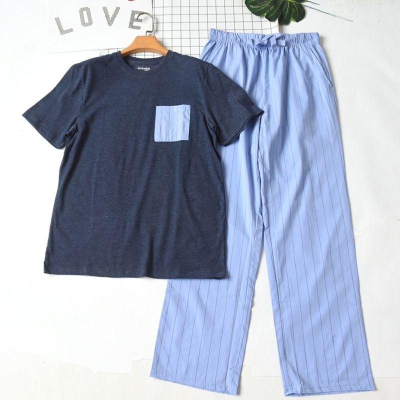 Foreign Trade Men's Plus size round Neck Short sleeve Trousers Pajamas Set Summer Thin Cotton Can Be Worn outside Casual Home Wear
