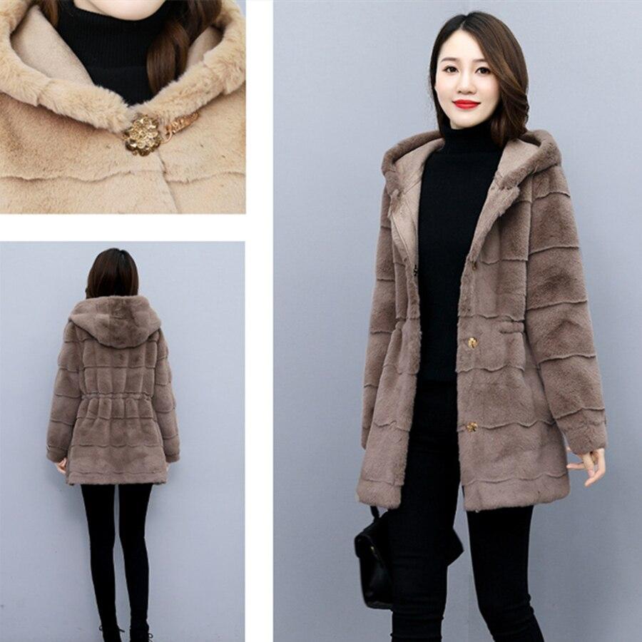 Verdicken Mittellange Kapuze Faux Nerz Pelzmantel Frauen Weiche Warme Plüsch Mantel Flauschige Jacke Winter Gestreiften Lose Oberbekleidung