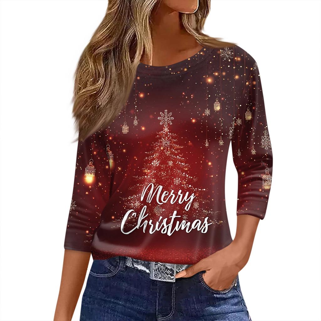 Women's T Shirt Christmas Print 3/4 Sleeve Daily Weekend Fashion Basic Round Neck Regular Top