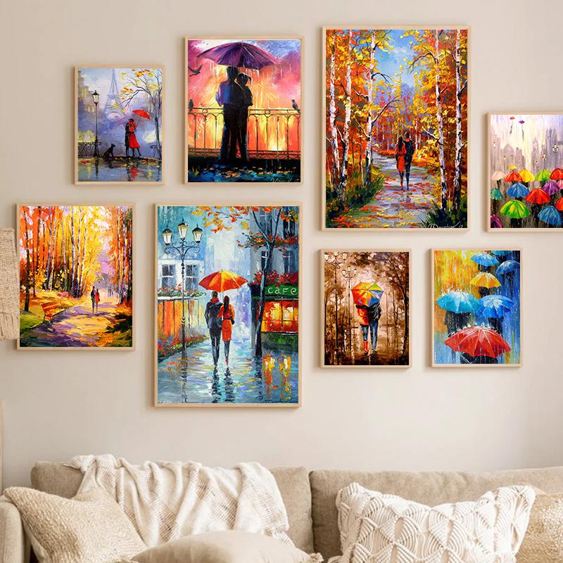 Nordycki Jesienny Deszczowy Pejzaż Plakat Płótno Obraz Olejny Zakochani Spacerujący Obraz Ścienny do Nowoczesnego Salonu Dekoracja Domu