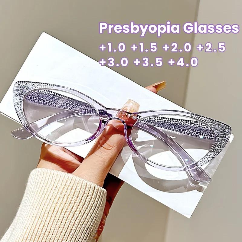 Stylish Cat Eye Glitter Reading Glasses Blue Light Blocking Presbyopia Glasses Women High-definition Eyeglasses Diopter To +4.0