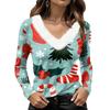Women's Christmas Long Sleeve Top with Snowflake and Christmas Tree Print, Collar and V-Neck