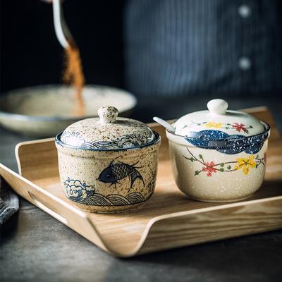 1pcs Ceramic Seasoning Jar With Lid And Spoon Kitchen Spice Jars For Salt/Sugar/Pepper/Tea Japanese Style Condiment Storage Box