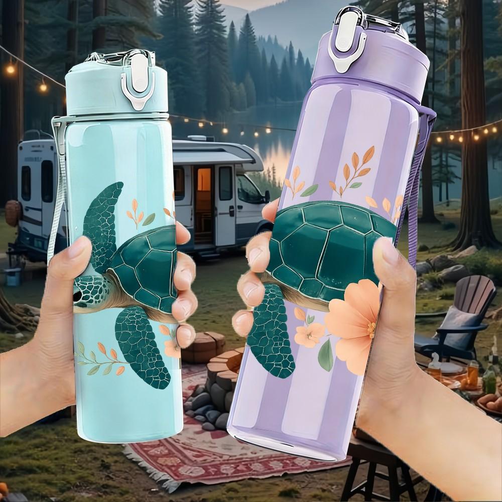 1 PZ Tartaruga Marina con Stampa Floreale 750ml Bottiglia d'Acqua Sportiva in Plastica Colorata Tappo Flip a Cannuccia Antigoccia Adatta per Sport Ufficio Uso Domestico