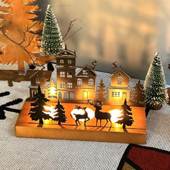 Solid Wood Iron Holder Christmas Town Silhouette Candle Holder, Wooden Tea Light Stand for Indoor Ornament Tabletop Decoration, Metal Festive