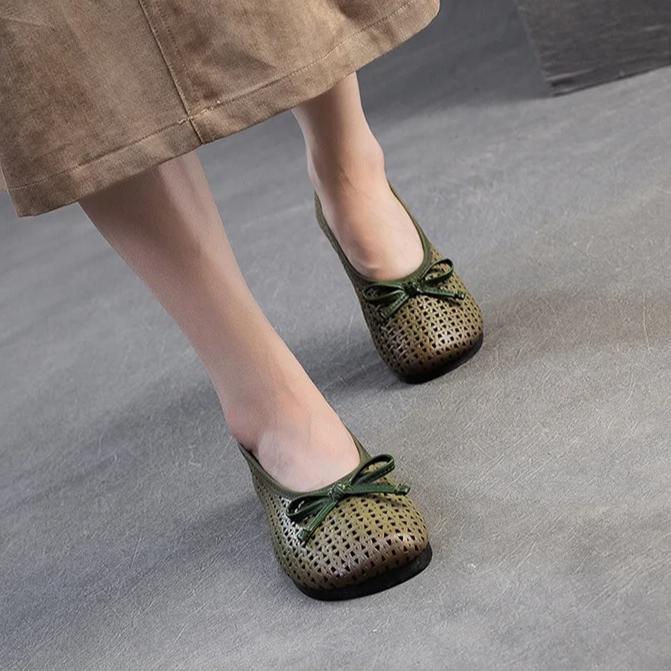 Johnature Retro Bow Flats Soft Soled Comfortable Shallow Hollow-out Breathable Casual Women's Shoes