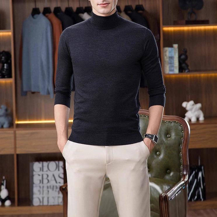 Men's High Neck Wool Sweater - Light Luxury, Solid Color, Brushed Fleece, Autumn/Winter Casual Knit