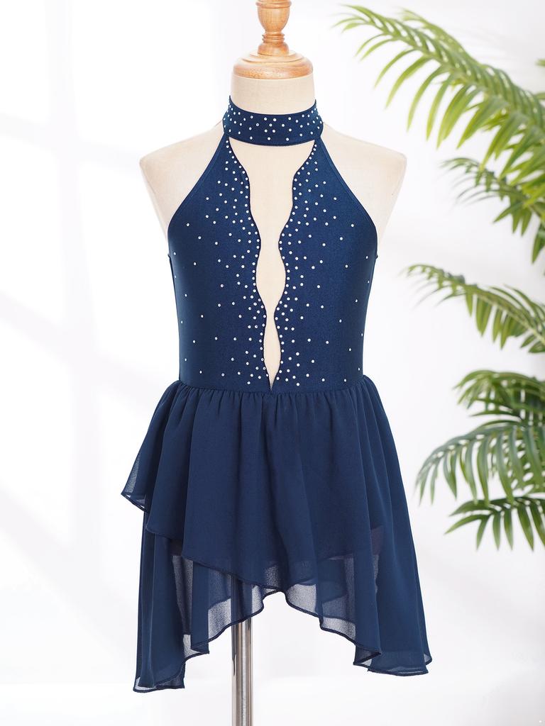 Vestito da ballo lirico con schiena scoperta, pannelli in rete trasparente, collo alto e orlo irregolare, per bambine