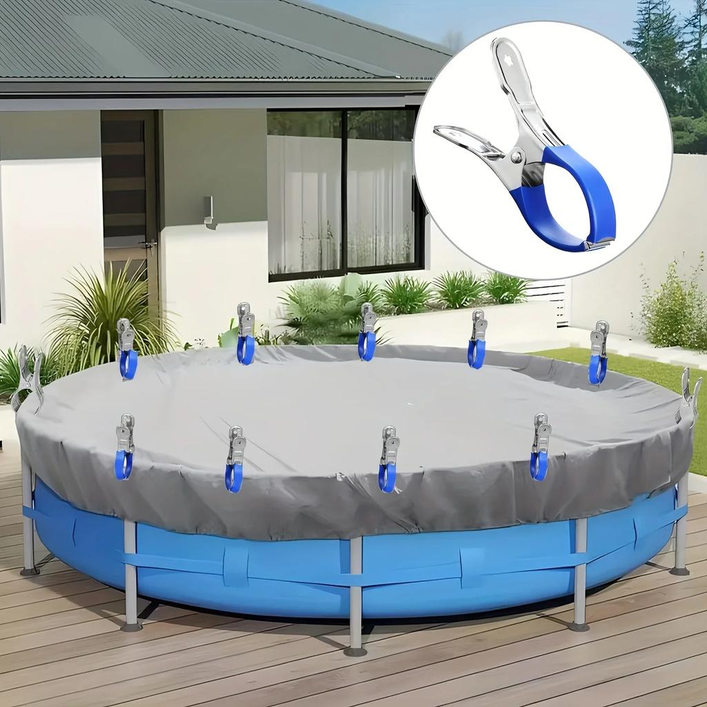 10pcs Durable Stainless Steel Pool Cover Clips with Plastic Handles - Heavy Duty Windproof Spring Clips Clothesline Clip