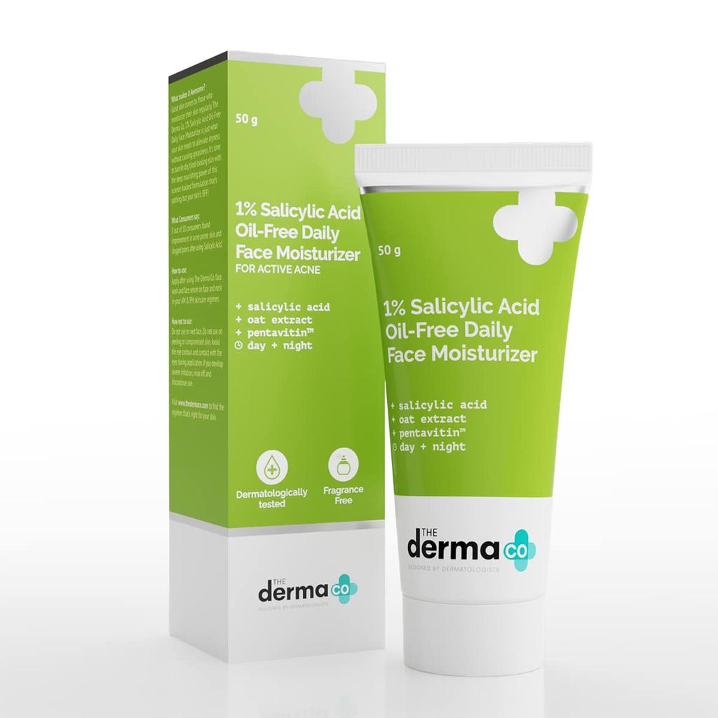 The Derma Co 1% Salicylic Acid Oil-Free Face Moisturizer with Oat Extract 50g Pack of 2 for Acne-Prone Skin