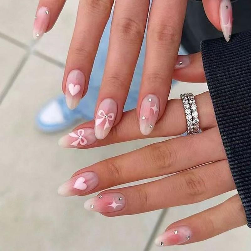 Almond Shape Press-On Nails With Heart Motif Bow Rhinestone Decor Sweet Style Gel Adhesive Or Jelly Glue