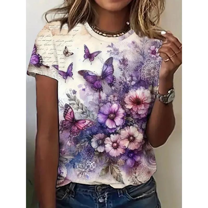 Women's Summer Round Neck Short Sleeved T-shirt with 3D Romantic Rose Print Casual Top Breathable Machine Washable Suitable for Outdoor Daily Wear