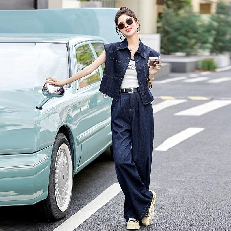 Women's 2024 Summer Hong Kong Style Denim Vest & Wide-Leg Pants Set