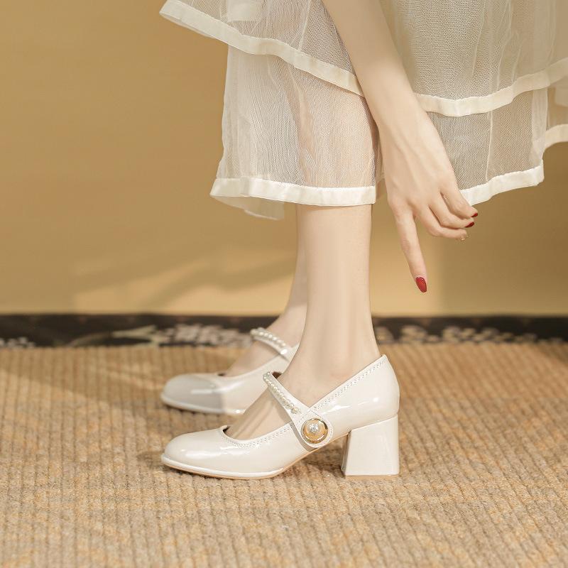 

Fashion Luxury Pearl Beaded Strap Mary Janes Woman Block High Heels Shoes Bridal Wedding Pumps Ladies Wedges Tacones Mujer Dress Bombas 34 бежевый