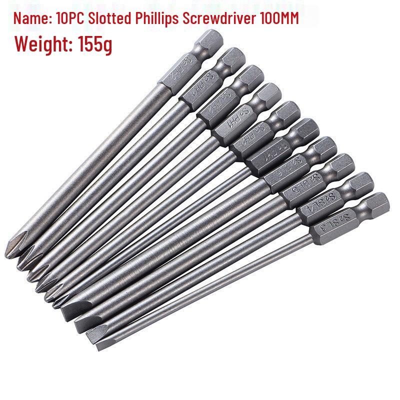 10-Piece Flat-Head & Phillips Head S2 Screwdriver Bit Set, 100mm