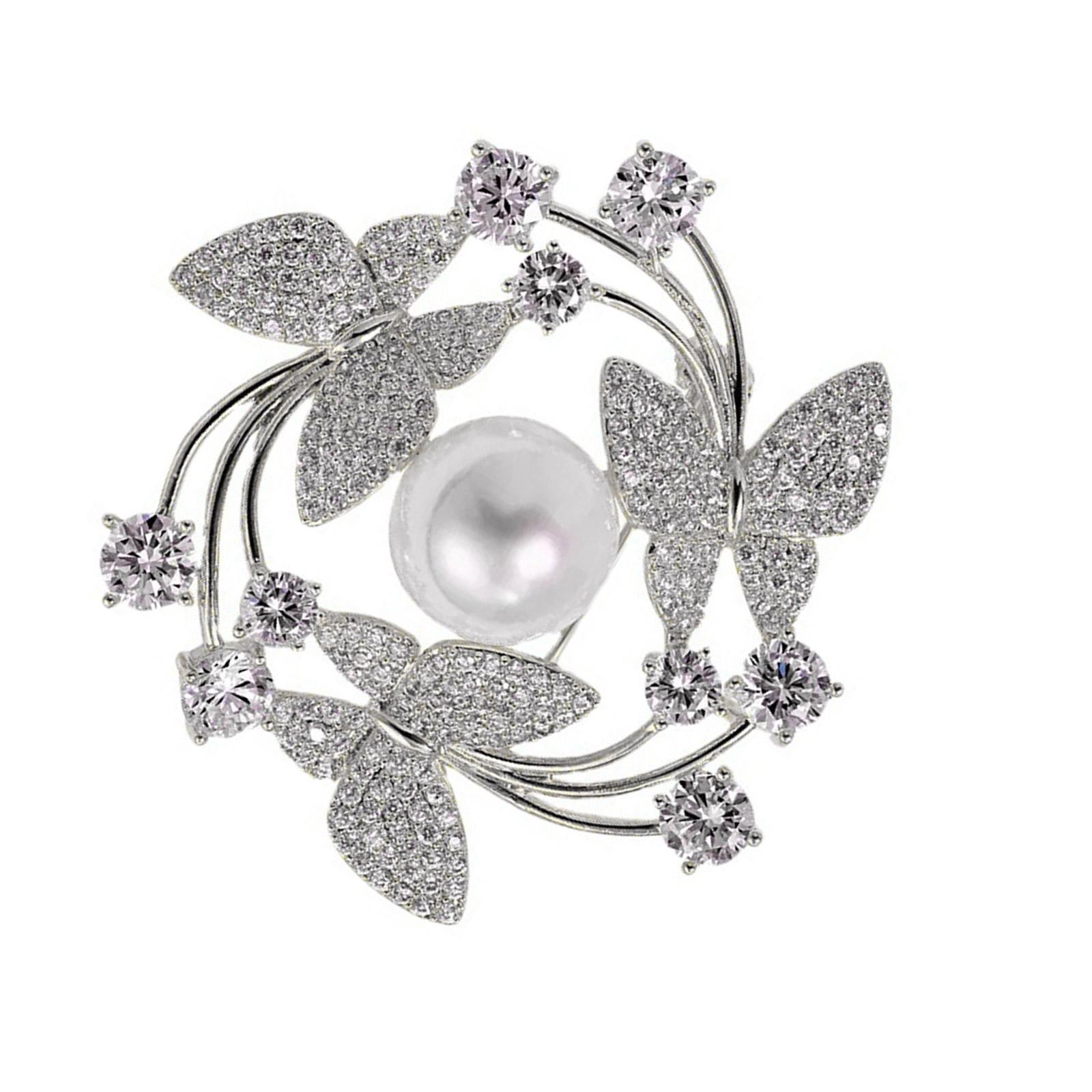 

Elegant Butterfly Floral Brooch Pearls Accented Alloy Jewelry Secure Pin for Women Party Wedding Accessories серебряный