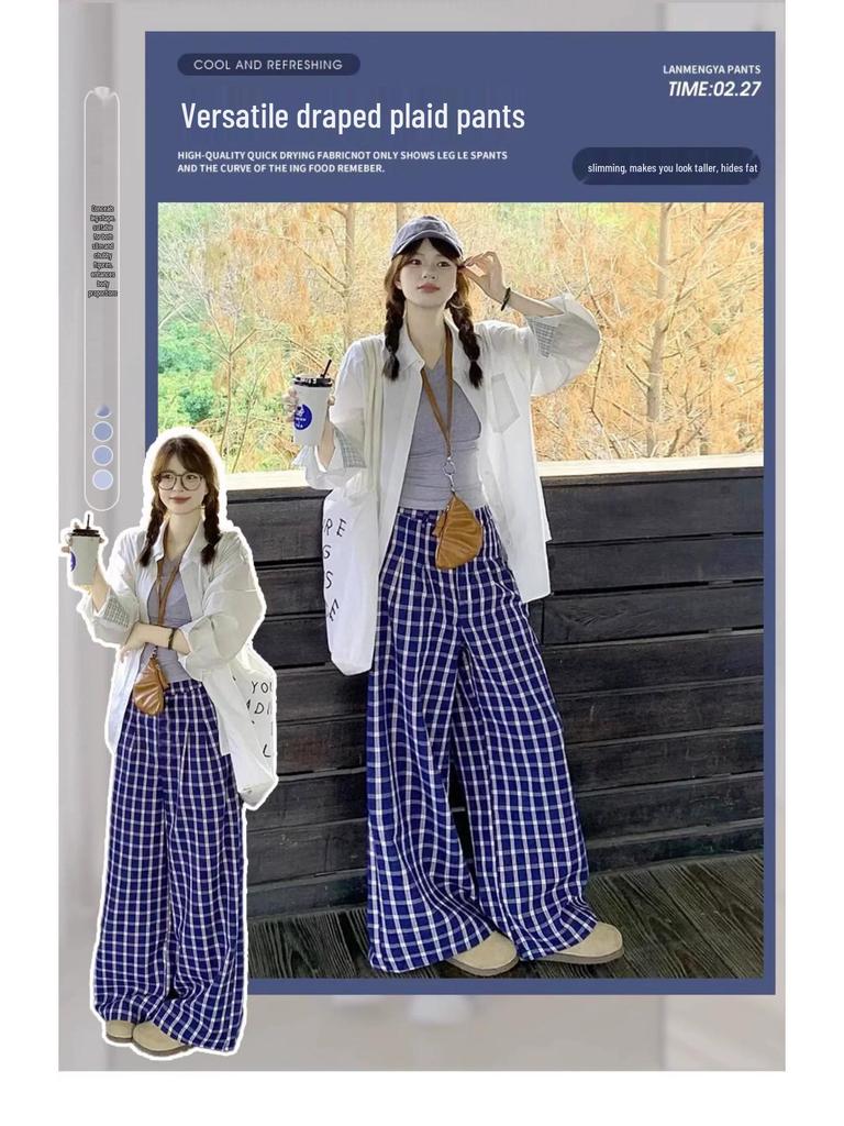 Lu Si Blue Plaid High-Waist Loose Straight-Leg Petite Women's Summer Pants, XS