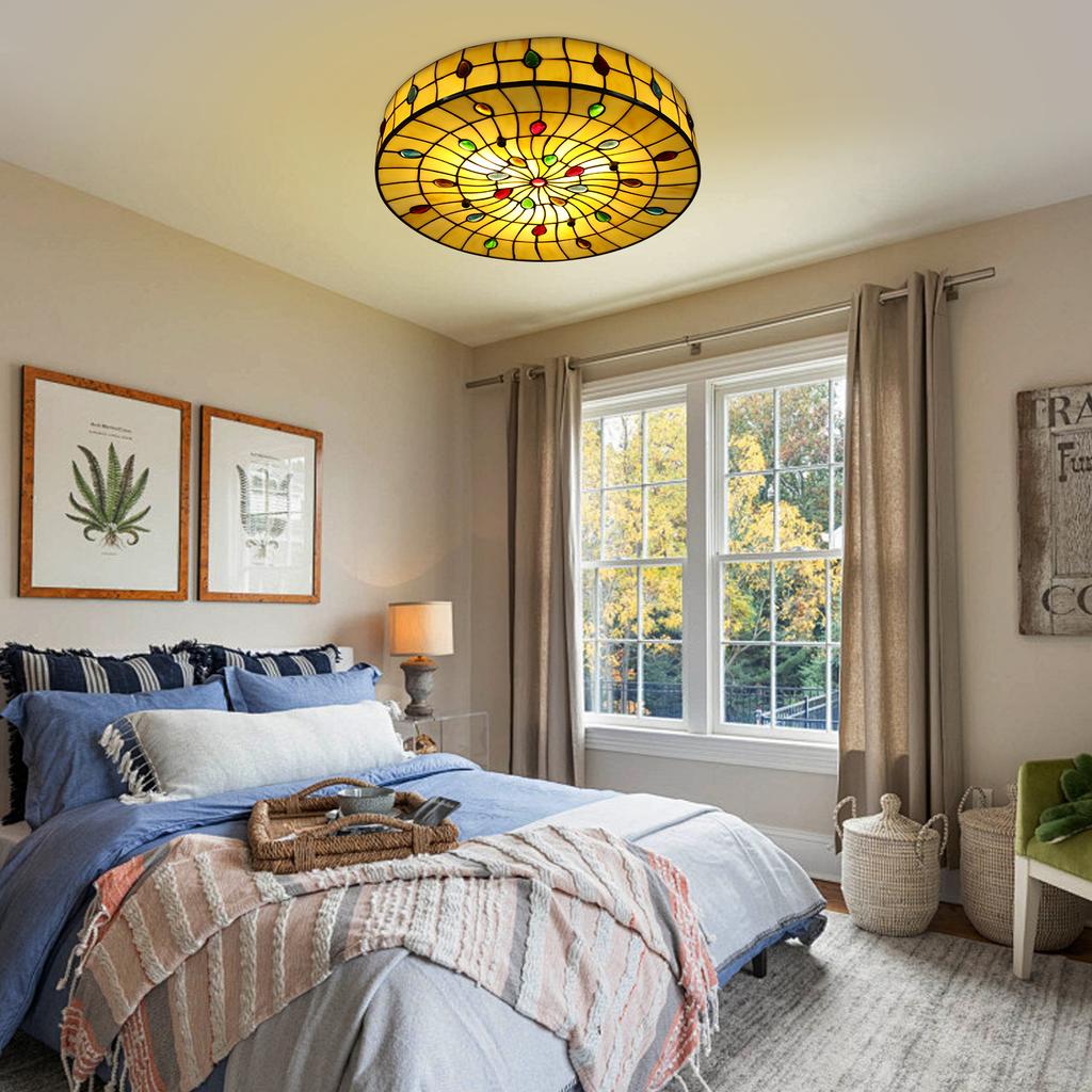 Tiffany Style Flush Mount Ceiling Light W/ E26 Holder– 18 Inch Round Modern Ceiling Lamp W/ Peacock Pearls for Bedroom, Kitchen