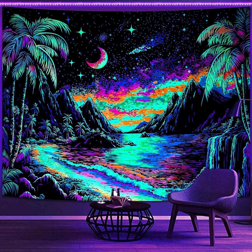 Lifeella Blacklight Landscape Tapestry, Glow in the dark UV Reactive Beach Lake Wall Decor, Aesthetic Palm Tree Art for Bedroom Living Room, 36x48