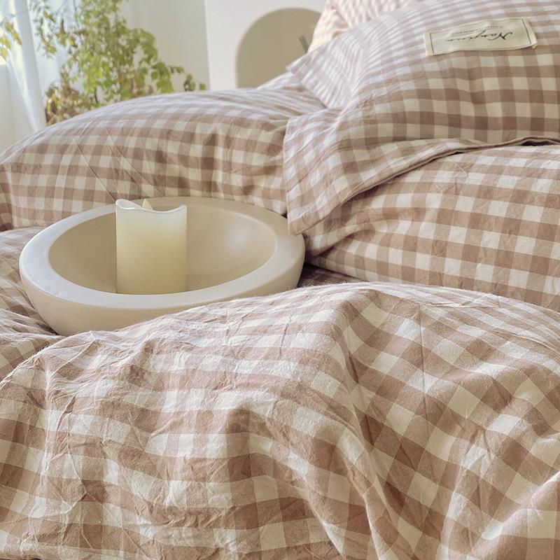 Unbedrucktes, vierteiliges, dreiteiliges, gewaschenes Bettbezug-Bettwäscheset im japanischen Stil mit kariertem Bettbezug