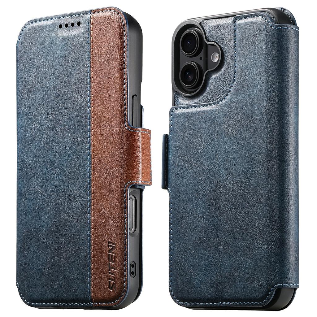SUTENI Q-07 For iPhone 17 Case Magnetic Color Splicing Cowhide Texture Leather Cover