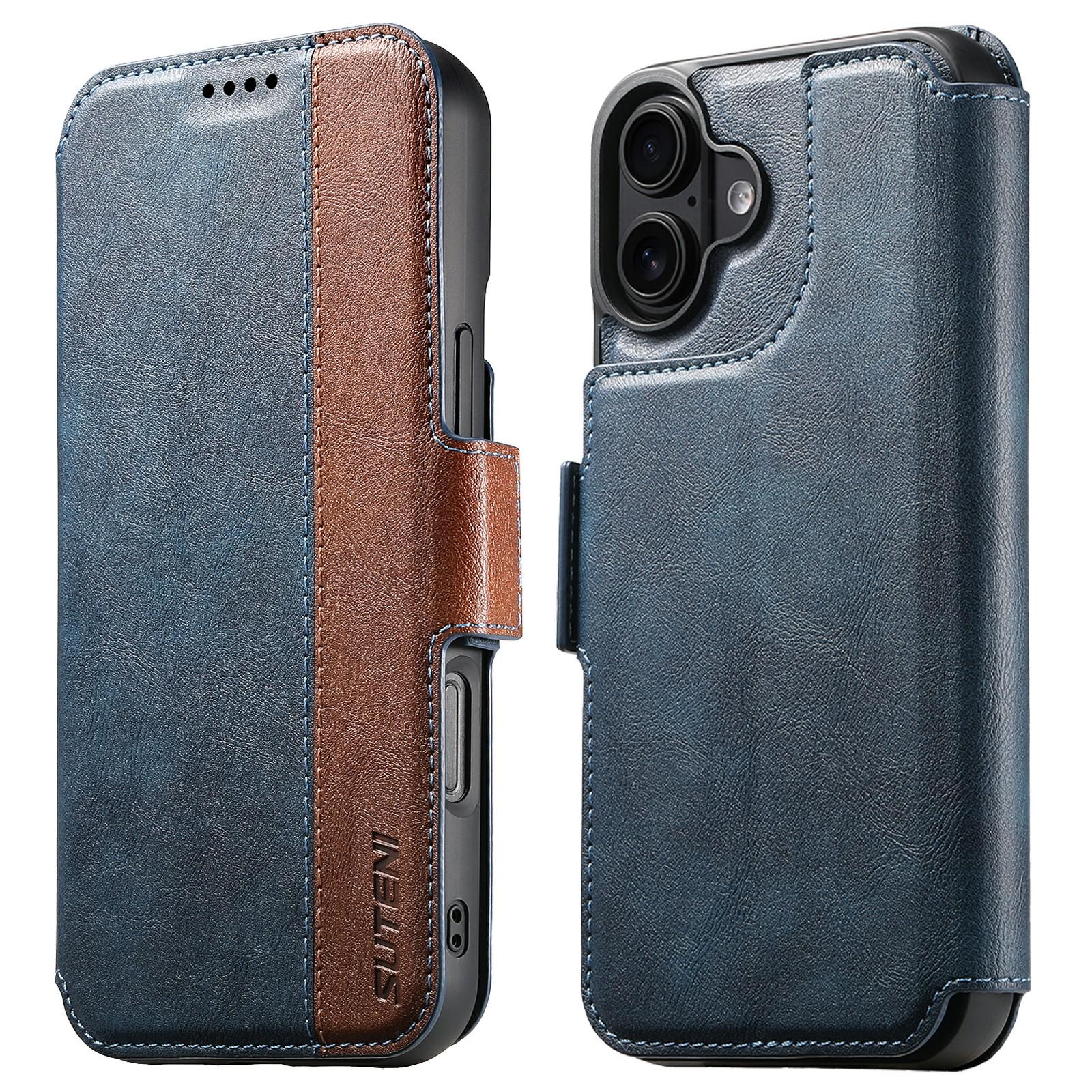 

SUTENI Q-07 For iPhone 17 Case Magnetic Color Splicing Cowhide Texture Leather Cover Blue