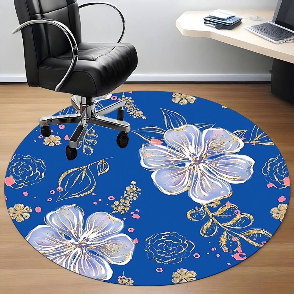 1pc Floral Blue Pattern Office Round Rug, Non-slip, Soft and Durable Office Rug for Interior Decoration, Perfect for Office, Beautiful Decoration yy26