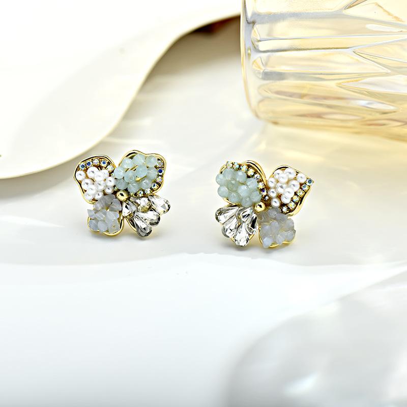 Elegant French Crystal Pearl Flower Earrings - Handmade Luxury Studs for Women
