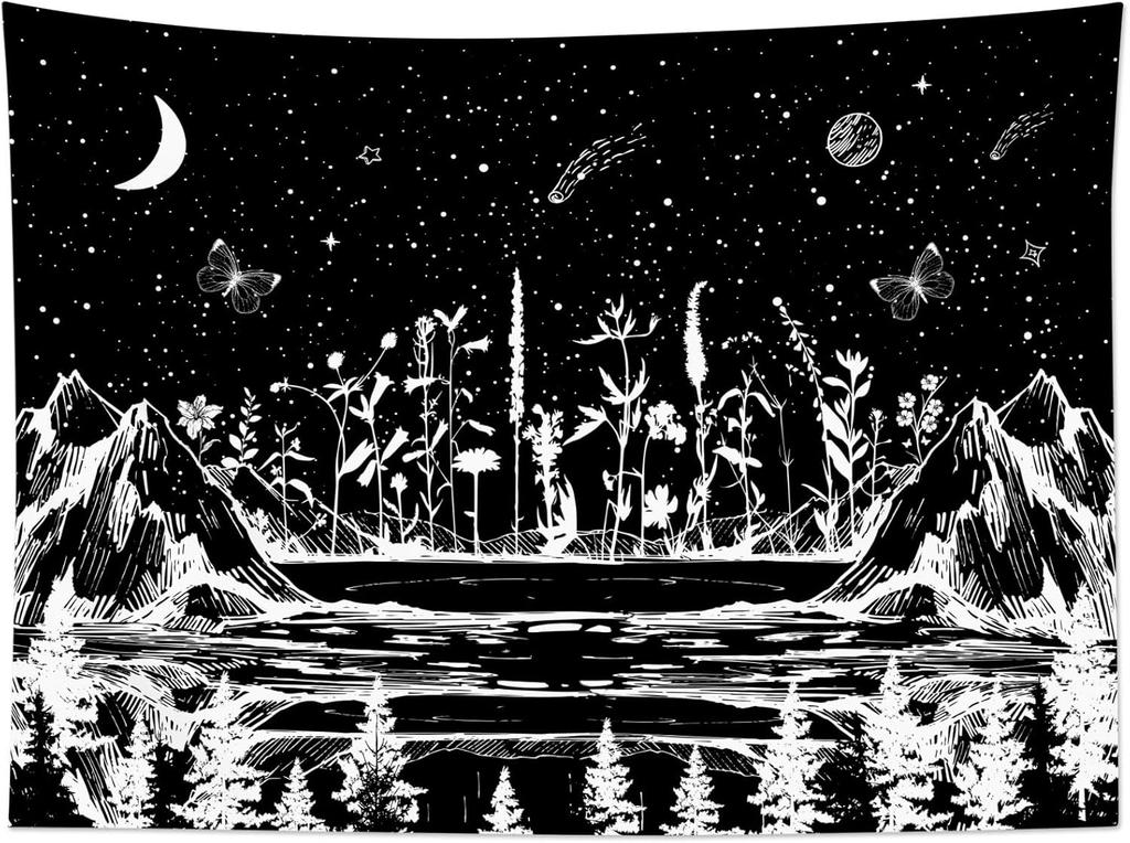 Black and White Mountain Tapestry Nature Moon Forest Mushroom Galaxy Stars Tapestry for Bedroom Aesthetic Wall Art Decor for