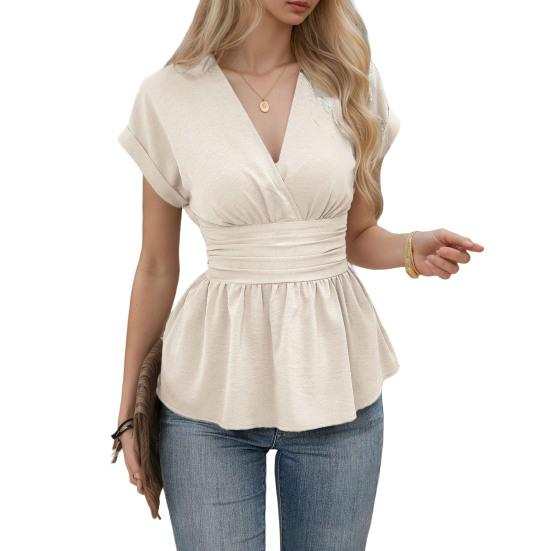 Women Tops V-neck Raglan Short Sleeve Shirt Pleated Hem Solid Color Waist-Hugging Regular Fit Tops Daily Wear
