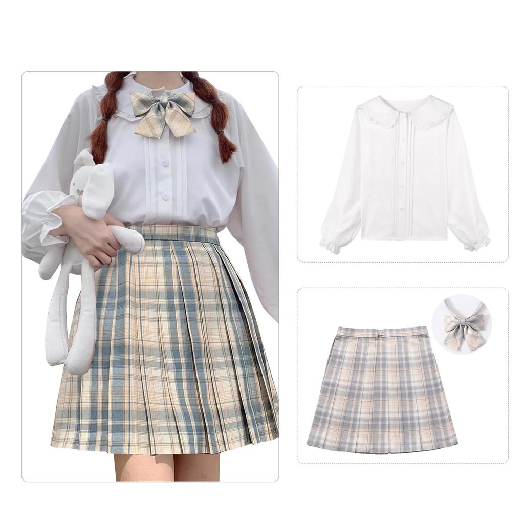 Qichenk High School Girl Uniform Pleated Checkered Skirt with Perfect for Photo Amusement Cultural Long Size L Skirt, Skirt, Cosplay, Ribbon, Parties,