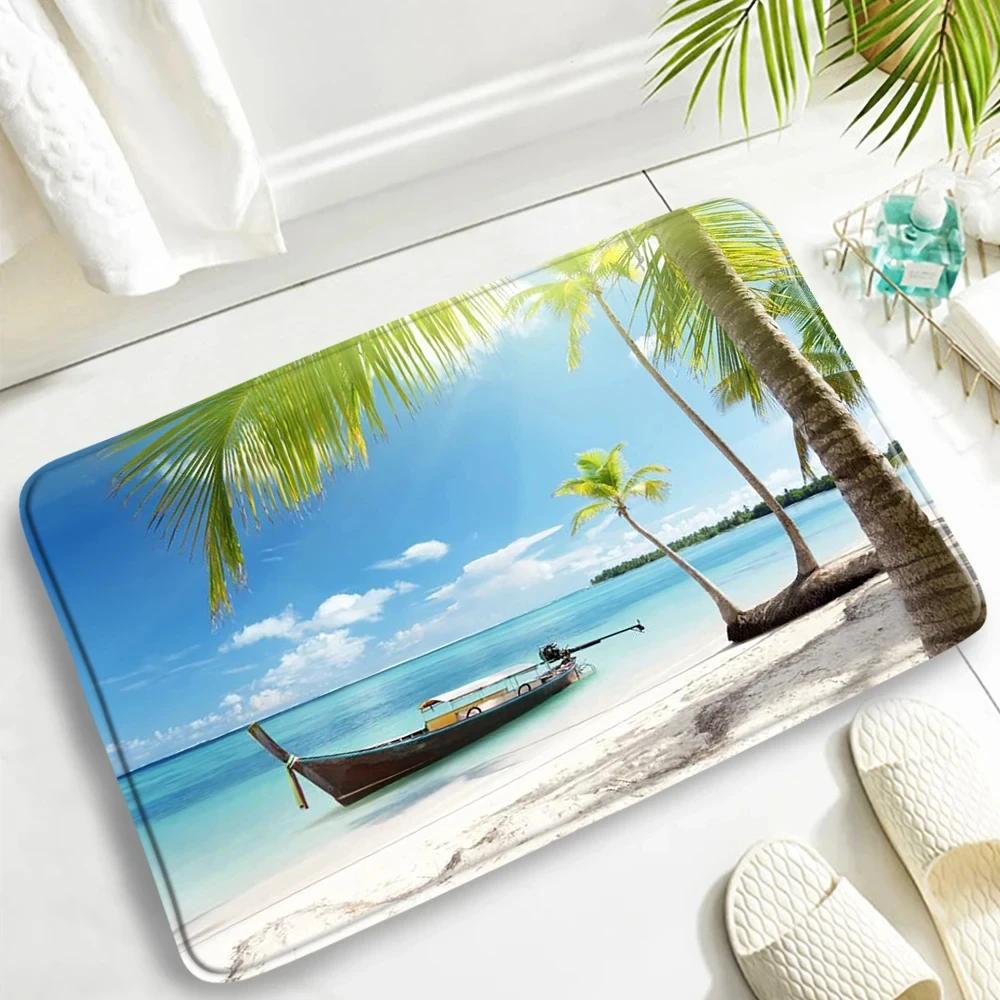 Summer Ocean Beach Carpet Hawaii Island Palm Trees Nature Scenery Bathroom Rug Non-slip Entrance Doormat for Living Room Decor