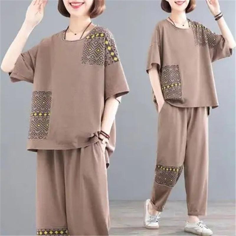 Women Summer 2 Piece Outfit Plus Size Cotton Linen Patchwork Printed Short Sleeve Top & Harem Pants Set Casual Loose Mother Clothes