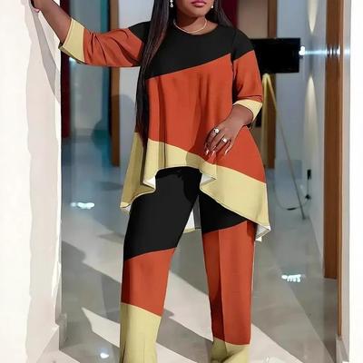Dames Plus Size Colorblock Ronde Hals Tweedelige Set